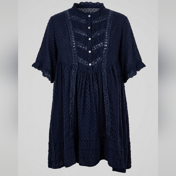 French Paris Dresses & Skirts - FRNCH Paris Navy Blue Eyelet Lace Mini Dress Scallop High Neck Swiss Dot Boho M